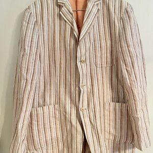 Bugatchi UOMO Italia Pure Linen Beige Striped 3 Button Blazer Men’s Sz XL- EUC